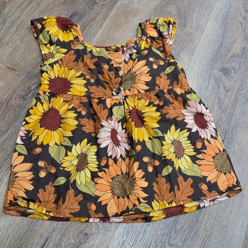 Gymboree Girls 5T Sunflower Acorn Smocked Top Brown Fall Floral Cotton Blouse
